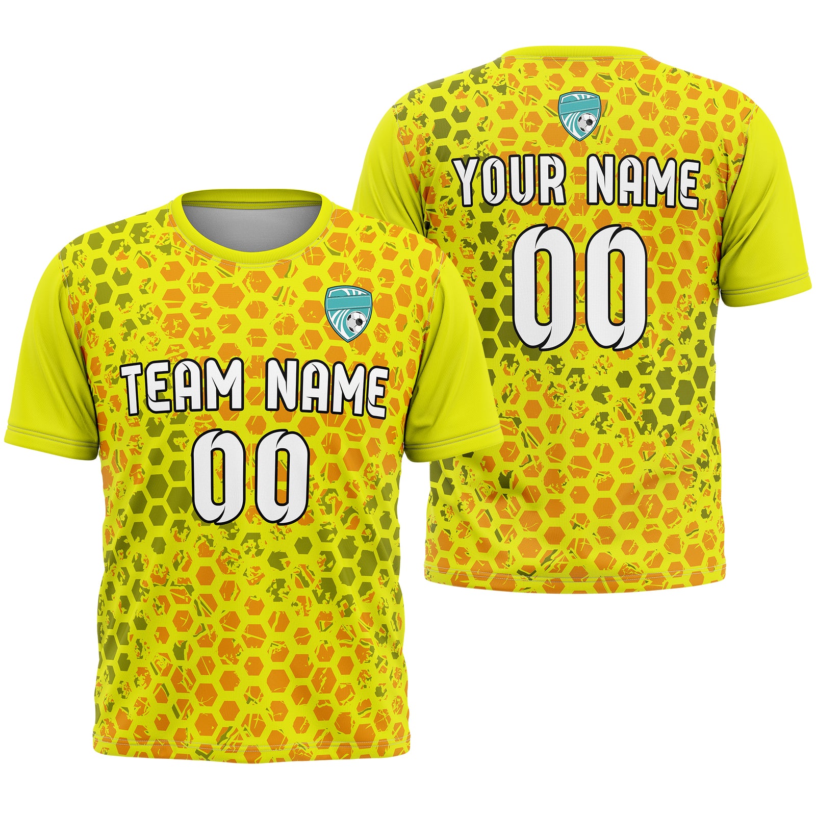 Custom Soccer Yellow Round Neck Hex Pattern Sports Tops Jersey