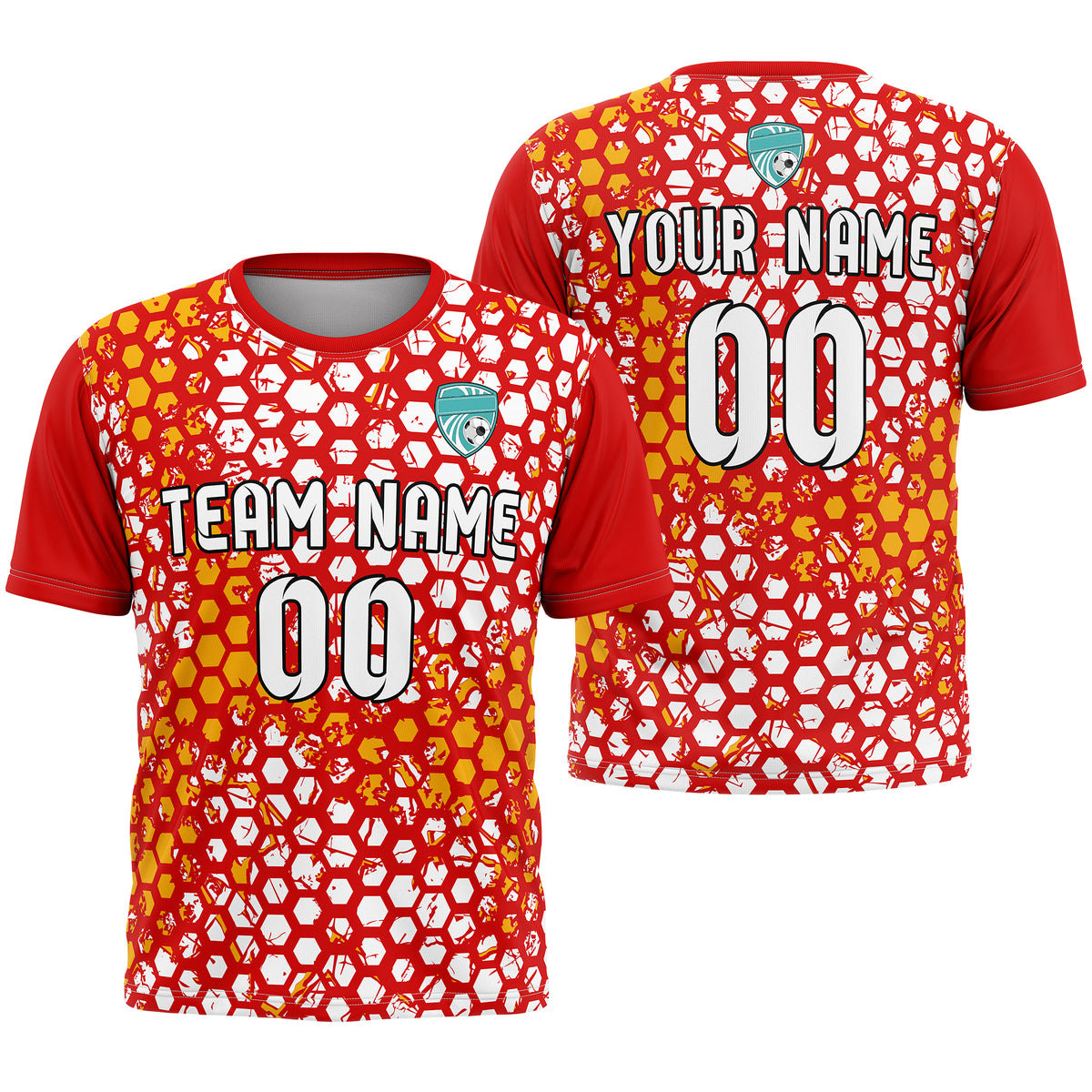 Custom Soccer Red Round Neck Hex Pattern Sports Tops Jersey