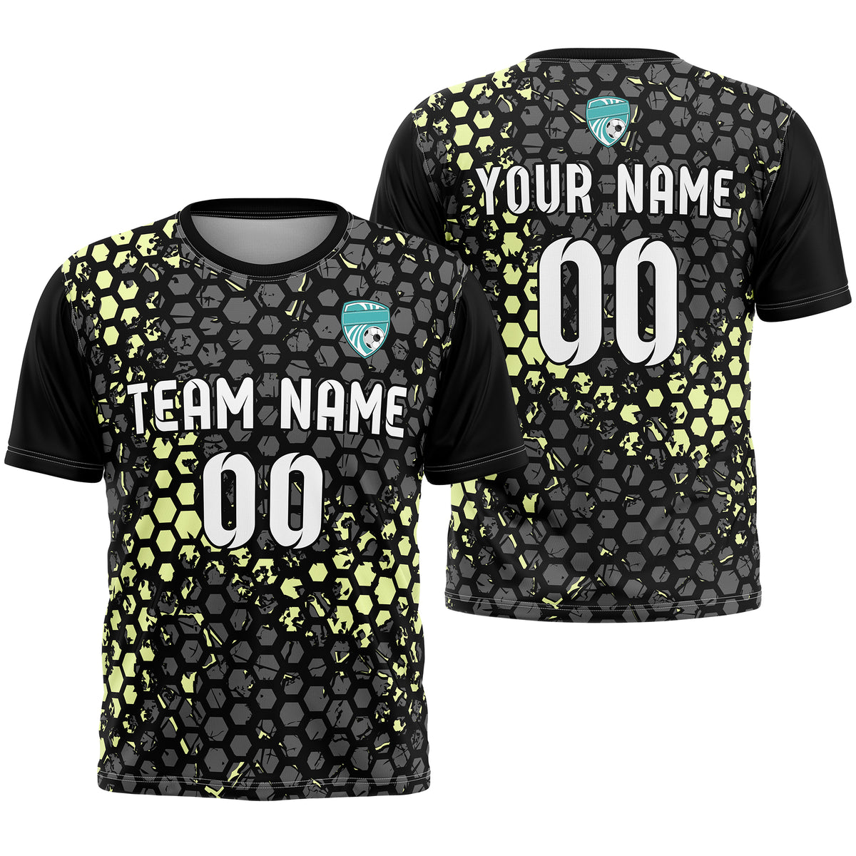 Custom Soccer Yellow Round Neck Hex Pattern Sports Tops Jersey