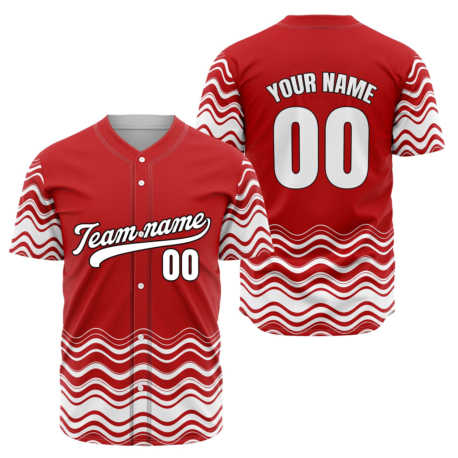 Custom Red Baseball Wave Sports Jersey Personalized Uniform with Name & Number