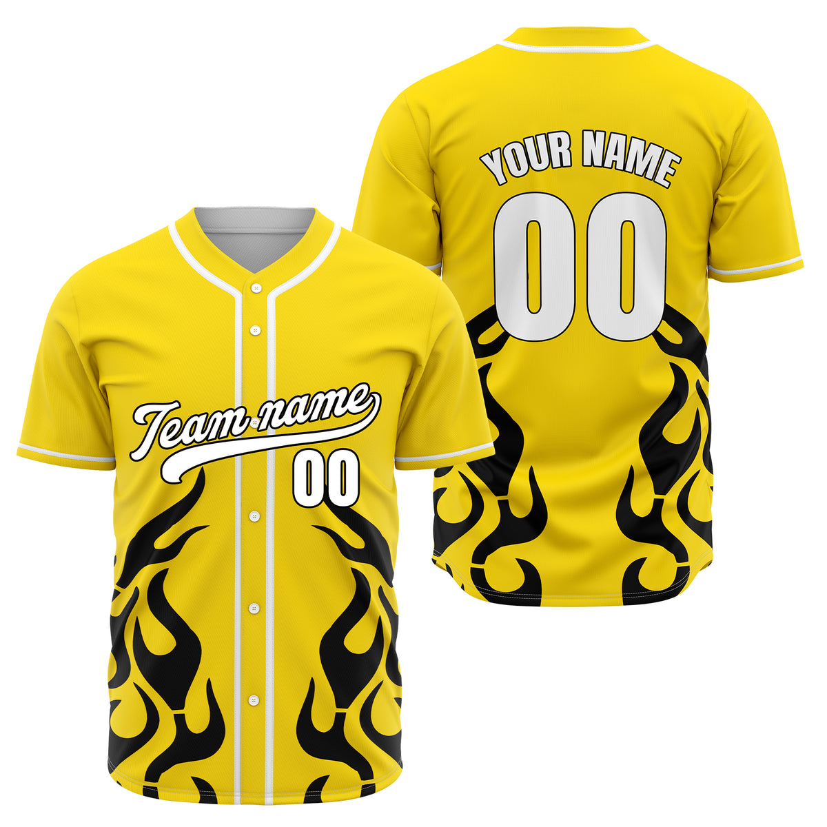 Custom Shadow Flames Yellow Baseball Sports Jersey Personalized Uniform with Name &amp; Number