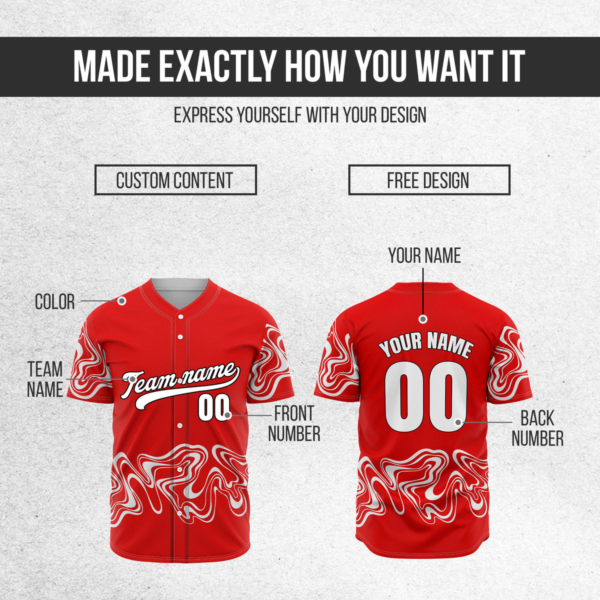 Custom Red Baseball Wave Sports Jersey Personalized Uniform with Name & Number