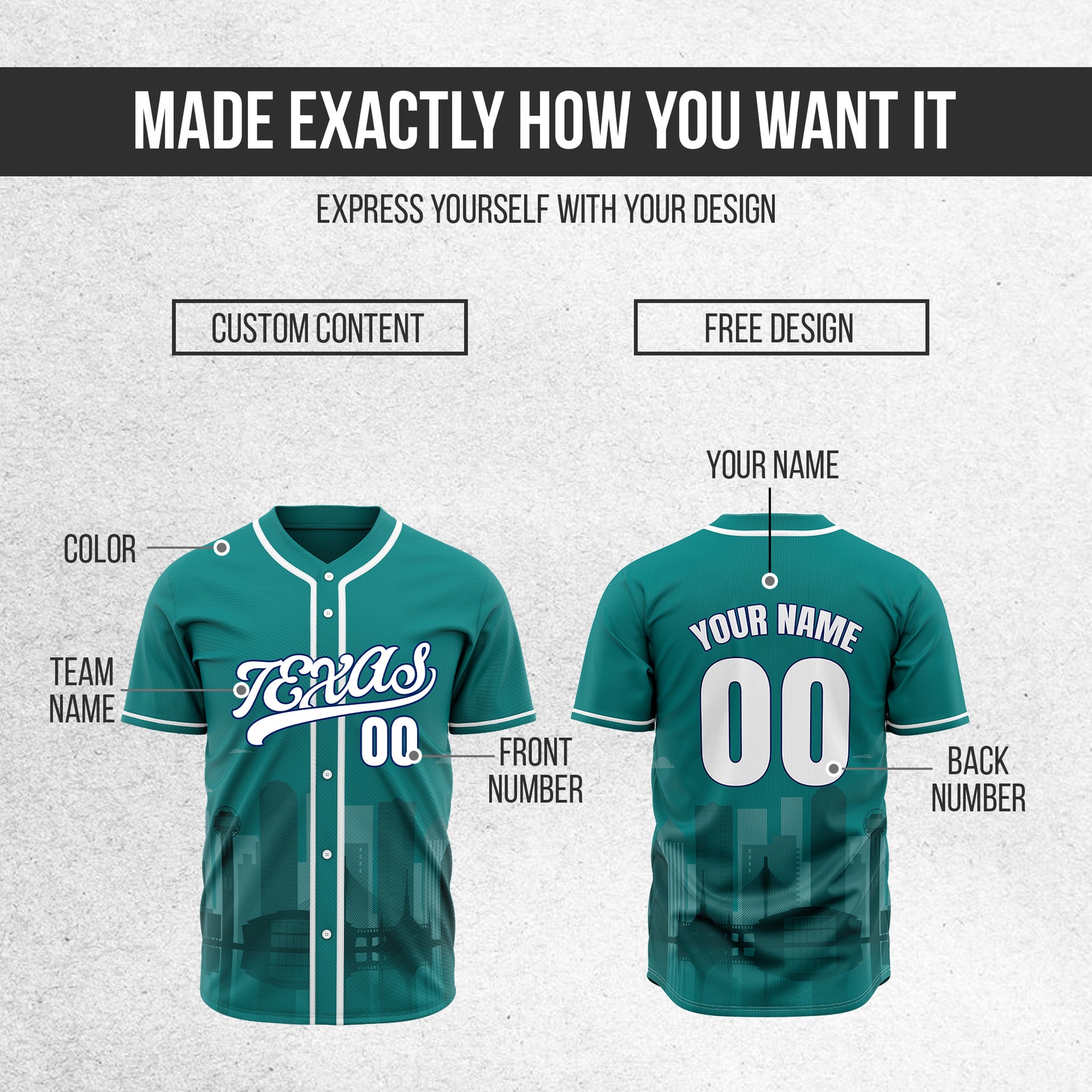 Custom City Lights Teal Baseball Sports Jersey Personalized Uniform with Name & Number