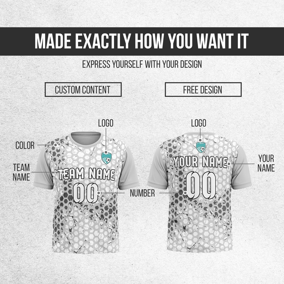 Custom Soccer Grey Round Neck Hex Pattern Sports Tops Jersey