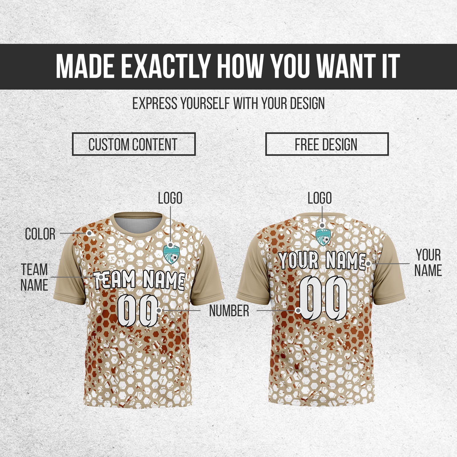 Custom Soccer Khaki Round Neck Hex Pattern Sports Tops Jersey