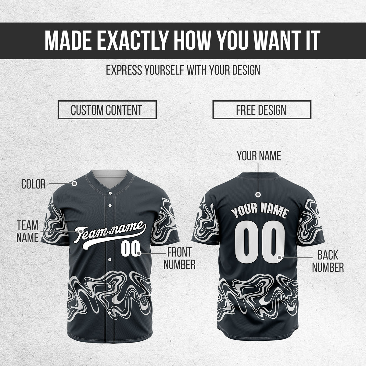 Custom Grey Baseball Wave Sports Jersey Personalized Uniform with Name & Number