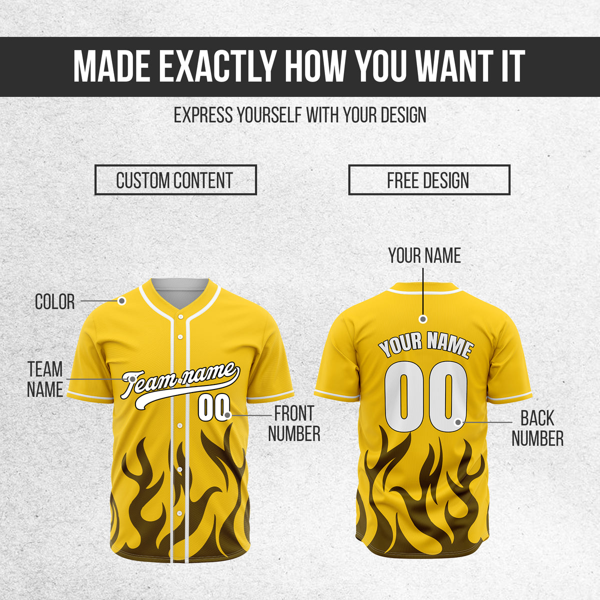 Custom Burnout Yellow Baseball Sports Jersey Personalized Uniform with Name & Number