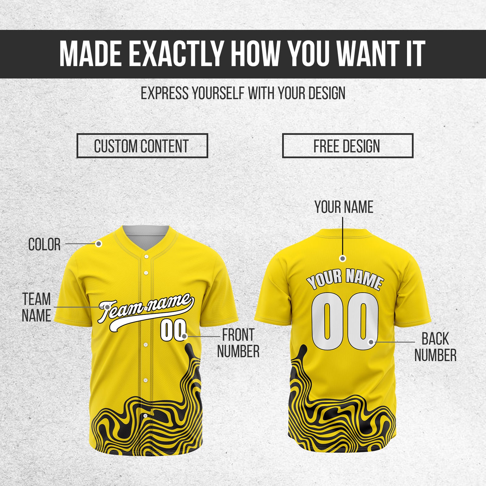 Custom Yellow Baseball Wave Sports Jersey Personalized Uniform with Name & Number