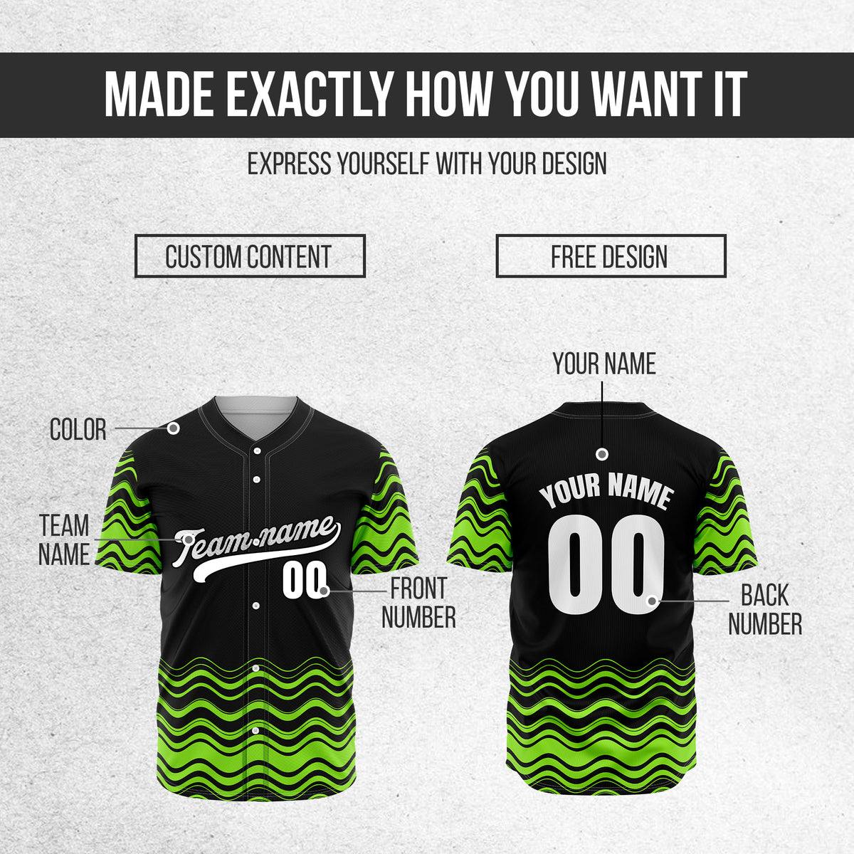 Custom Black Baseball Wave Sports Jersey Personalized Uniform with Name & Number