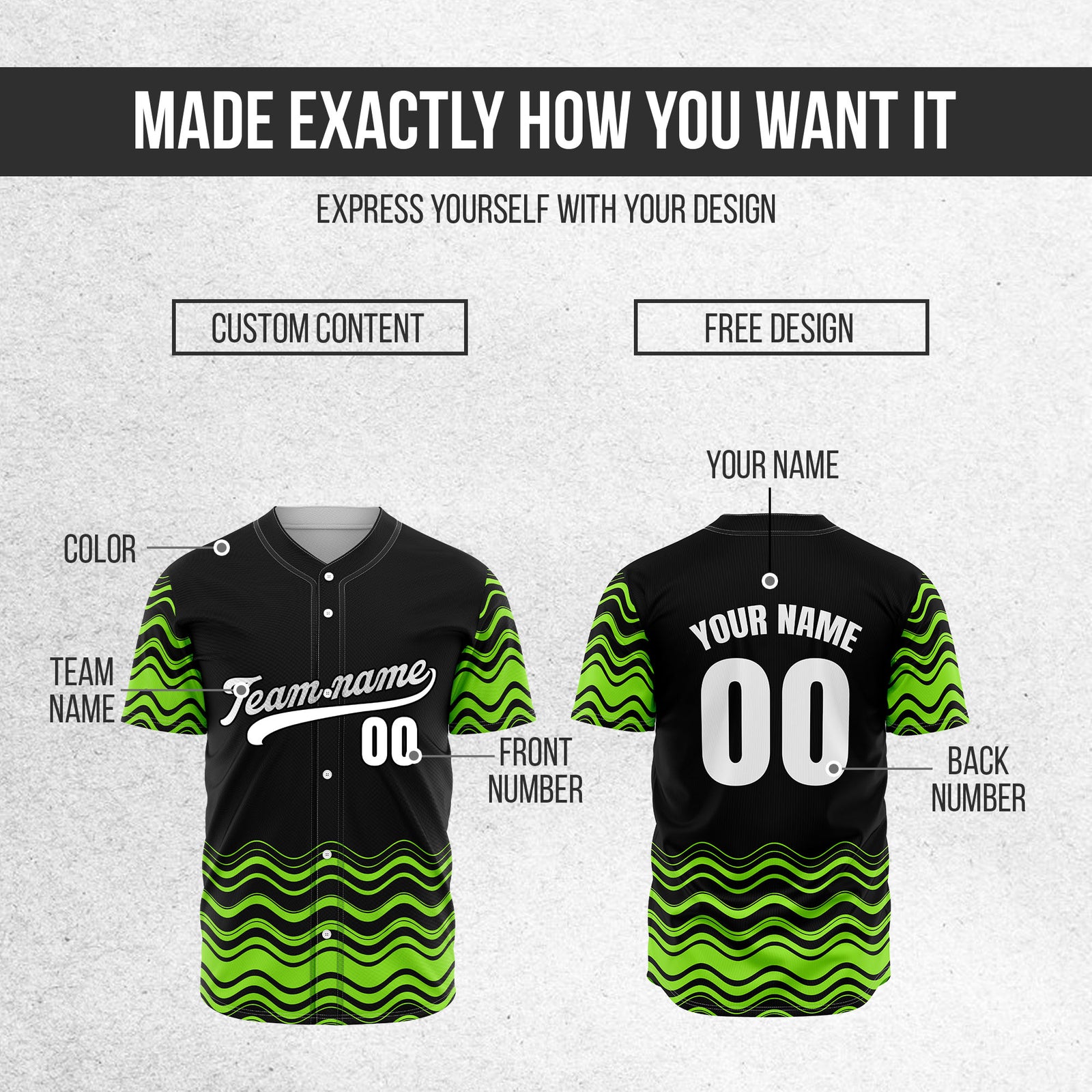 Custom Black Baseball Wave Sports Jersey Personalized Uniform with Name & Number