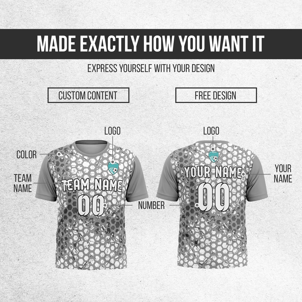 Custom Soccer Dark Grey Round Neck Hex Pattern Sports Tops Jersey