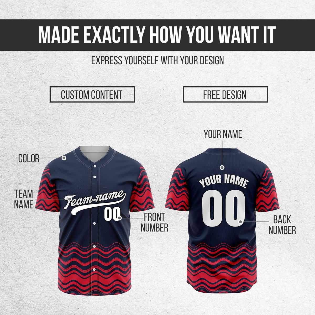Custom Navy Baseball Wave Sports Jersey Personalized Uniform with Name & Number
