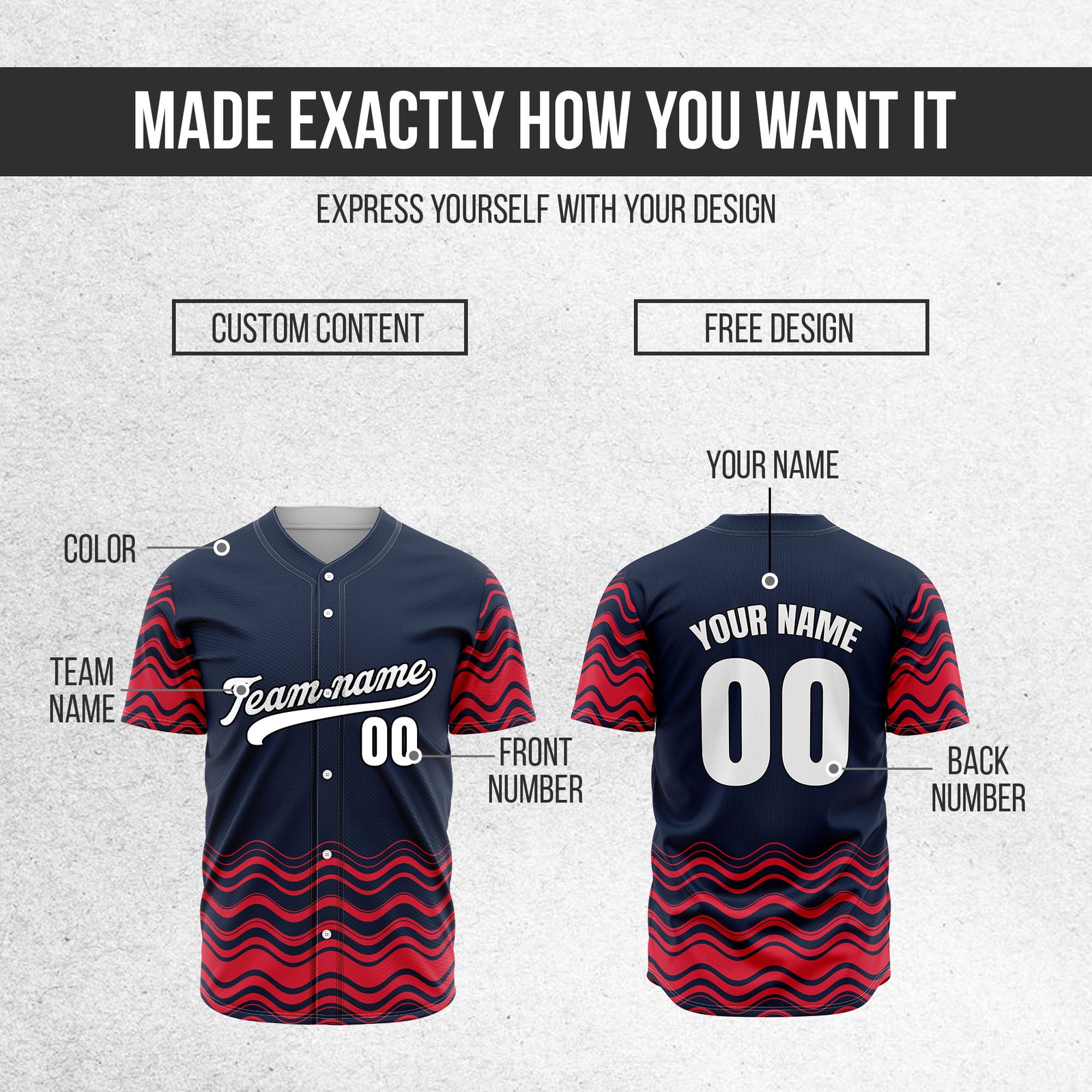Custom Navy Baseball Wave Sports Jersey Personalized Uniform with Name & Number