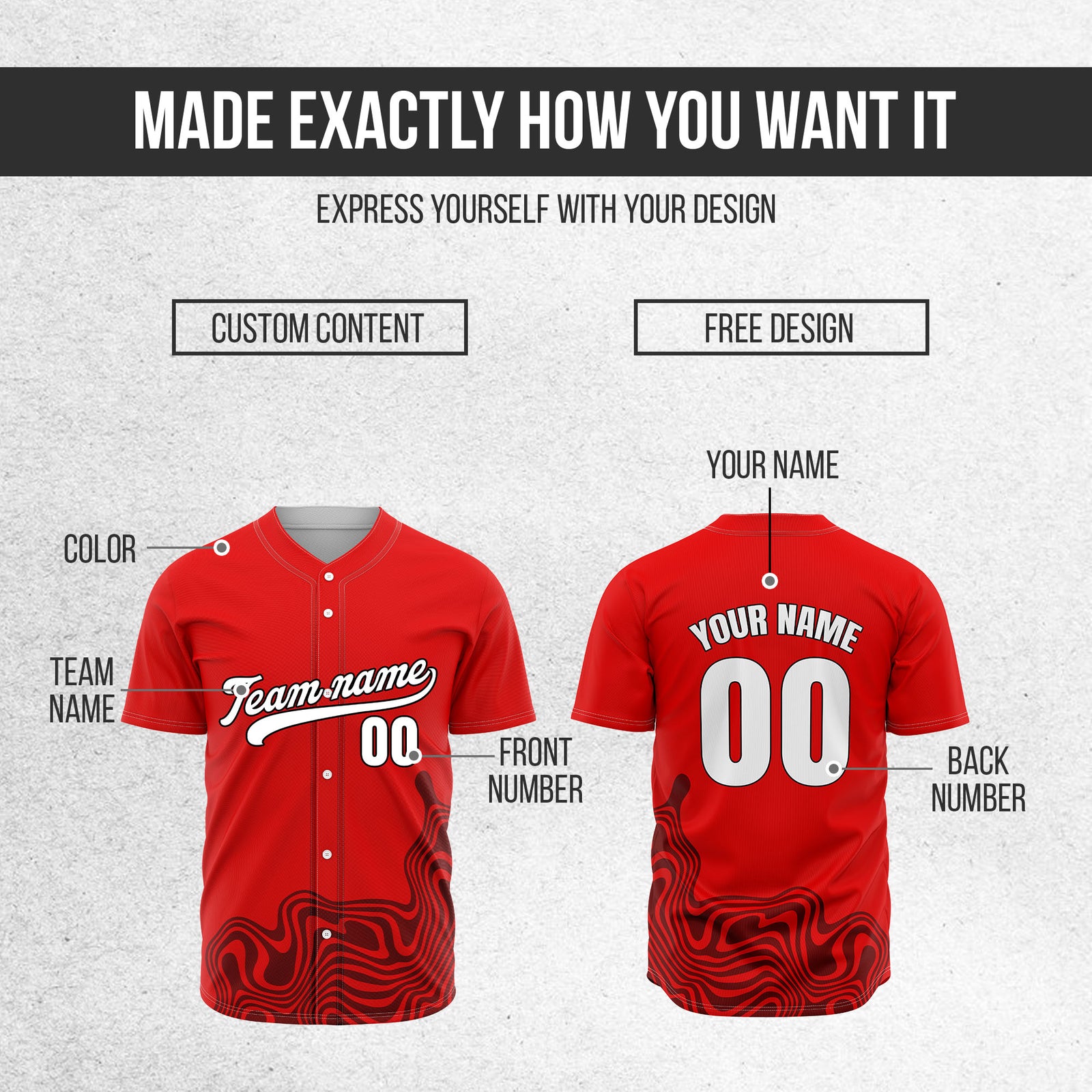 Custom Red Baseball Wave Sports Jersey Personalized Uniform with Name & Number