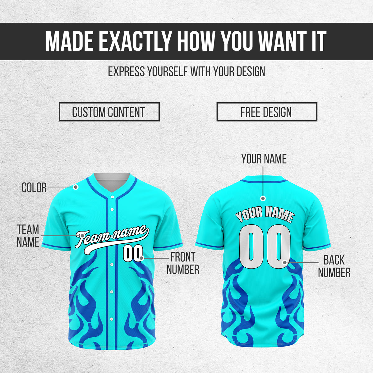Custom Shadow Flames Aqua Baseball Sports Jersey Personalized Uniform with Name & Number