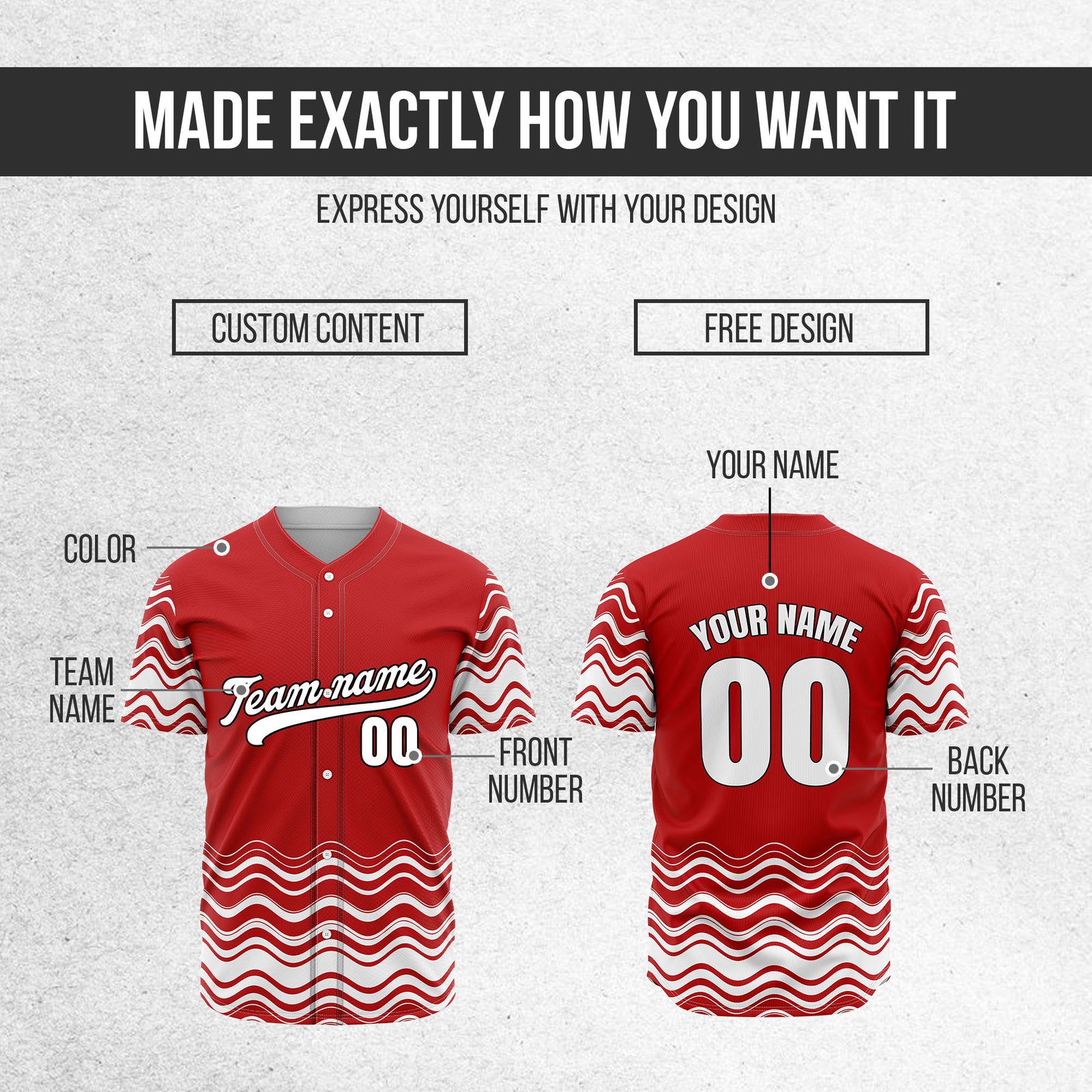 Custom Red Baseball Wave Sports Jersey Personalized Uniform with Name & Number