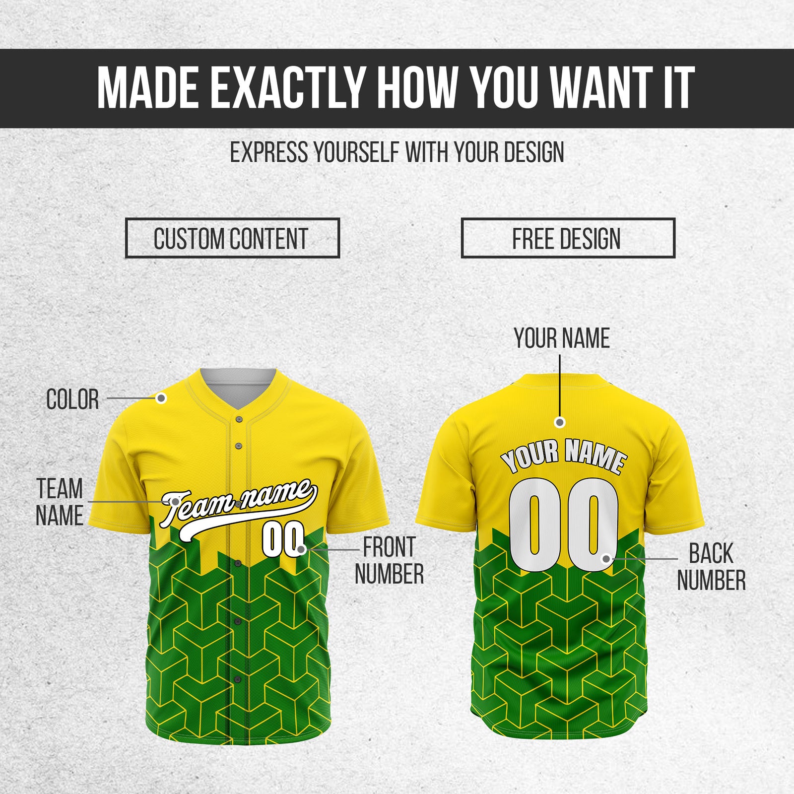 Custom Grid Iron Yellow Baseball Sports Jersey Personalized Uniform with Name & Number