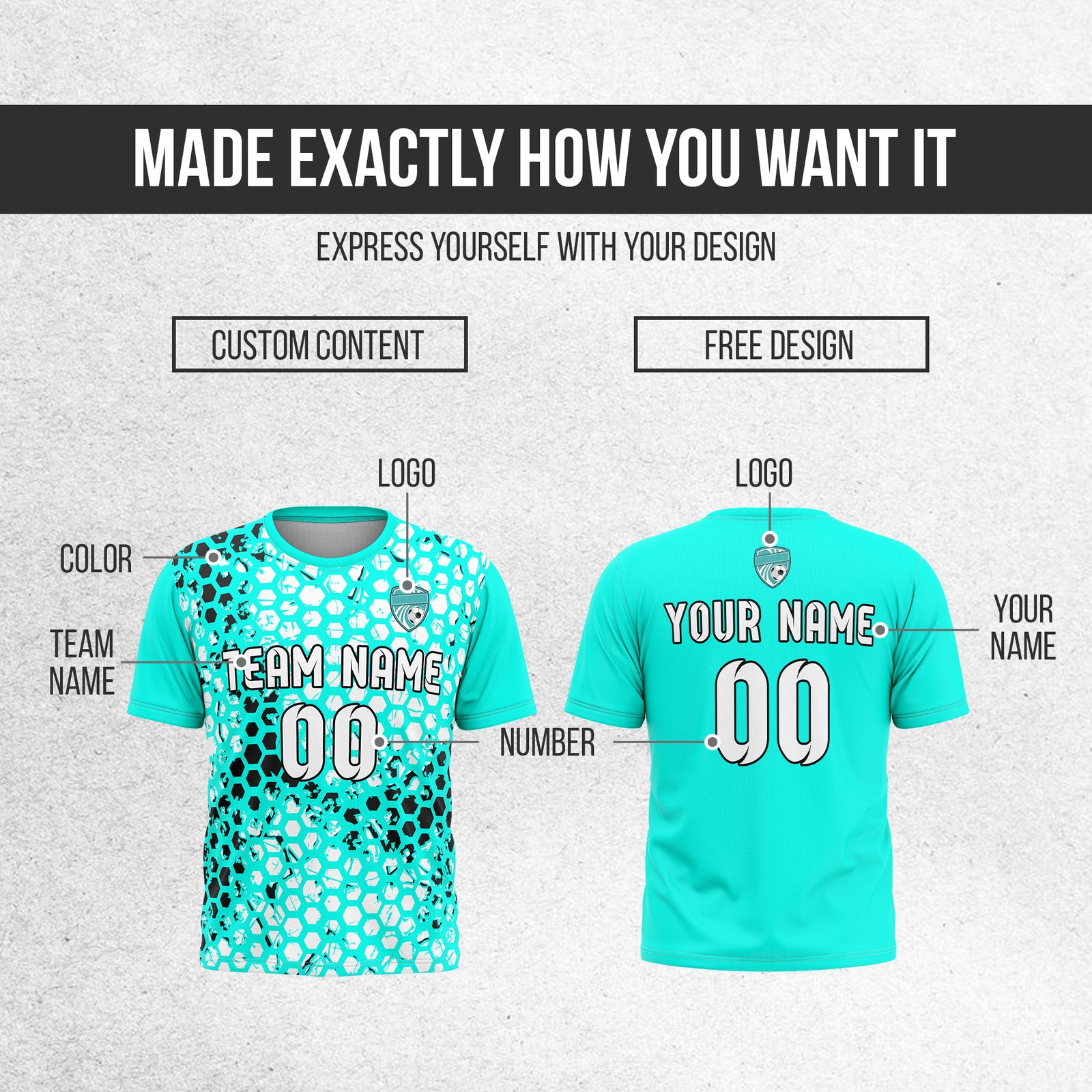 Custom Soccer Aqua Round Neck Hex Pattern Sports Tops Jersey