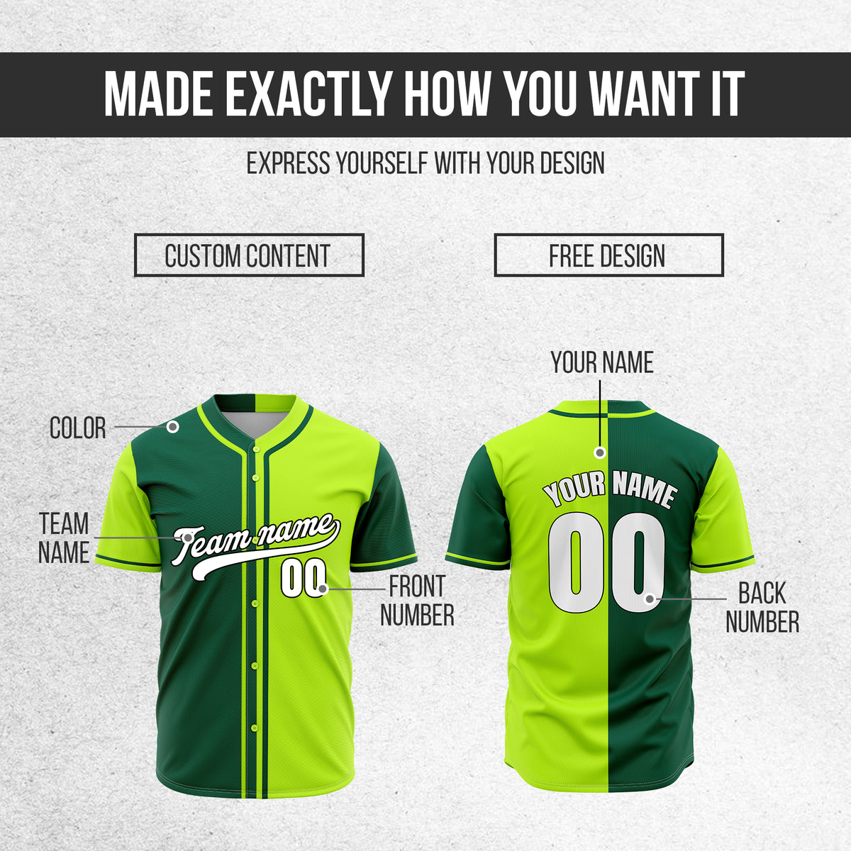Custom Split Baseball Neon Green Sports Jersey Personalized Uniform with Name & Number