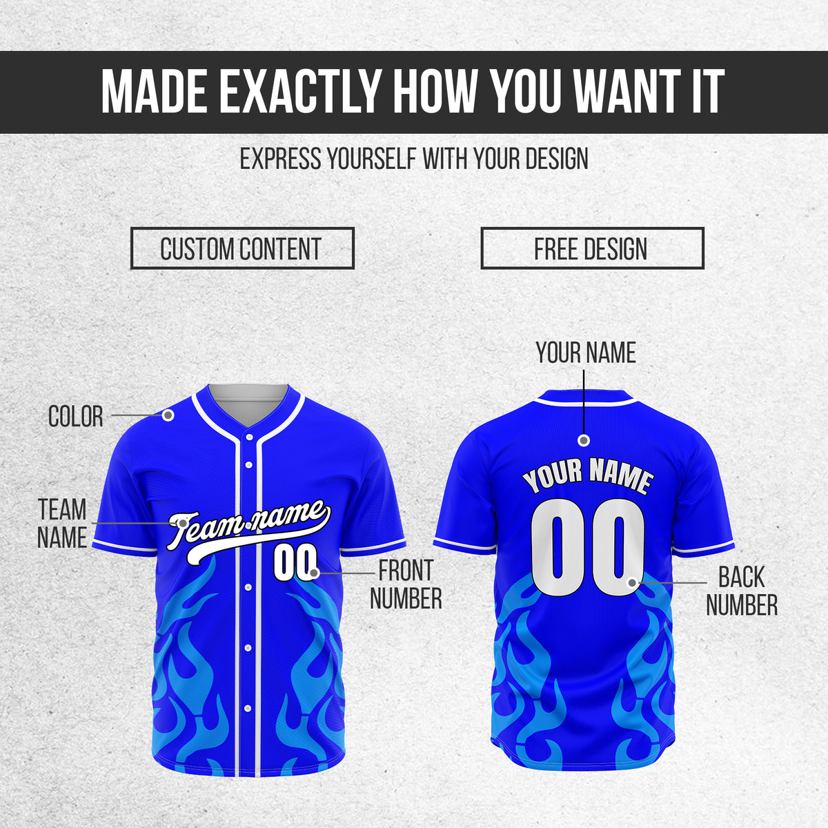 Custom Shadow Flames Blue Baseball Sports Jersey Personalized Uniform with Name & Number