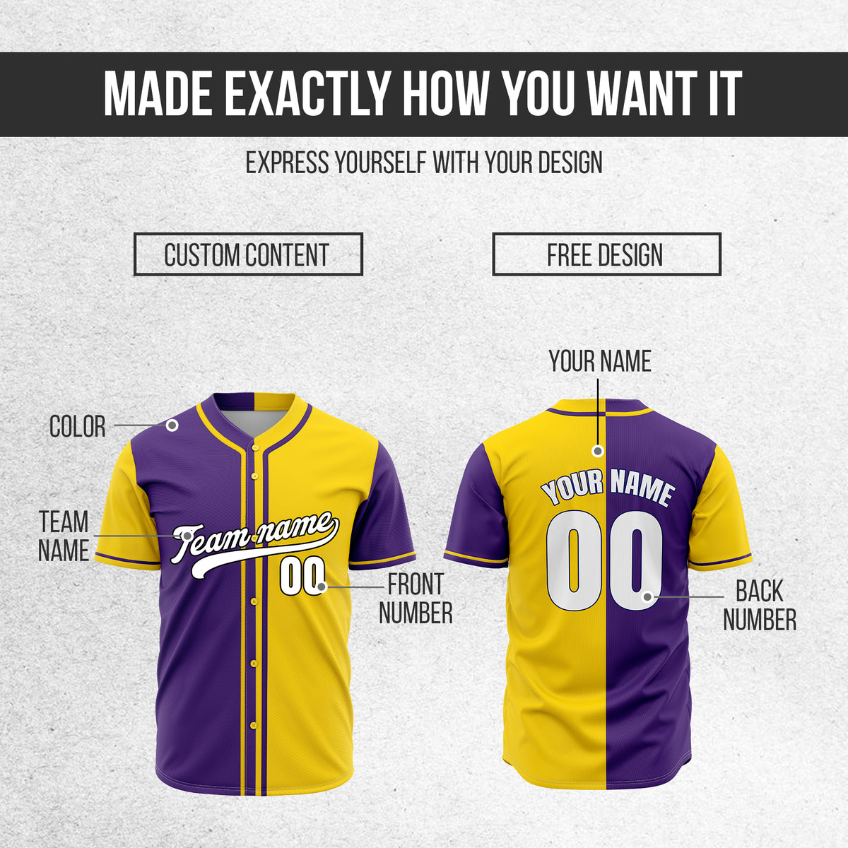 Custom Split Baseball Yellow Sports Jersey Personalized Uniform with Name & Number
