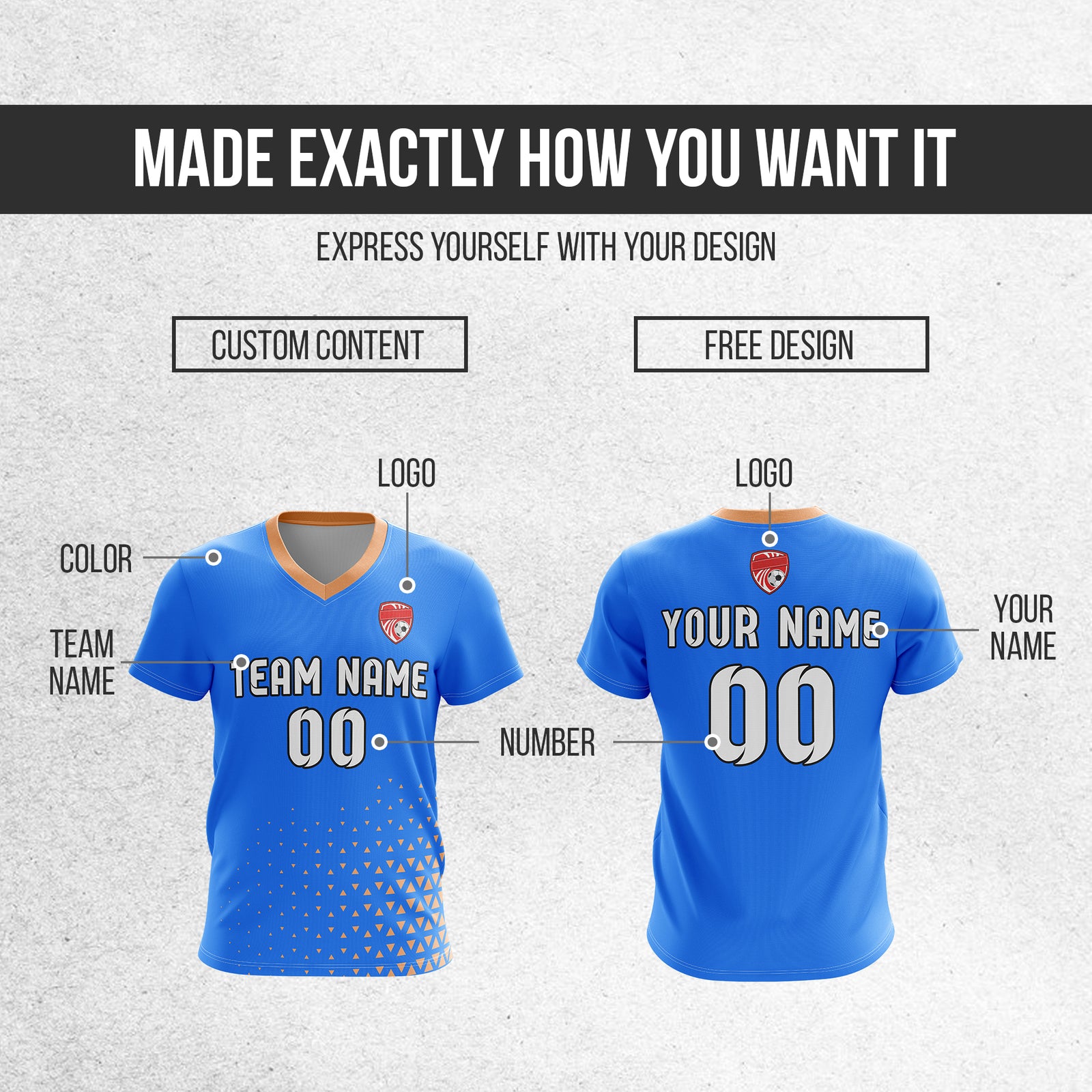 Custom Tri-Edge V-Side Pattern Blue  Soccer Sport Tops Jersey