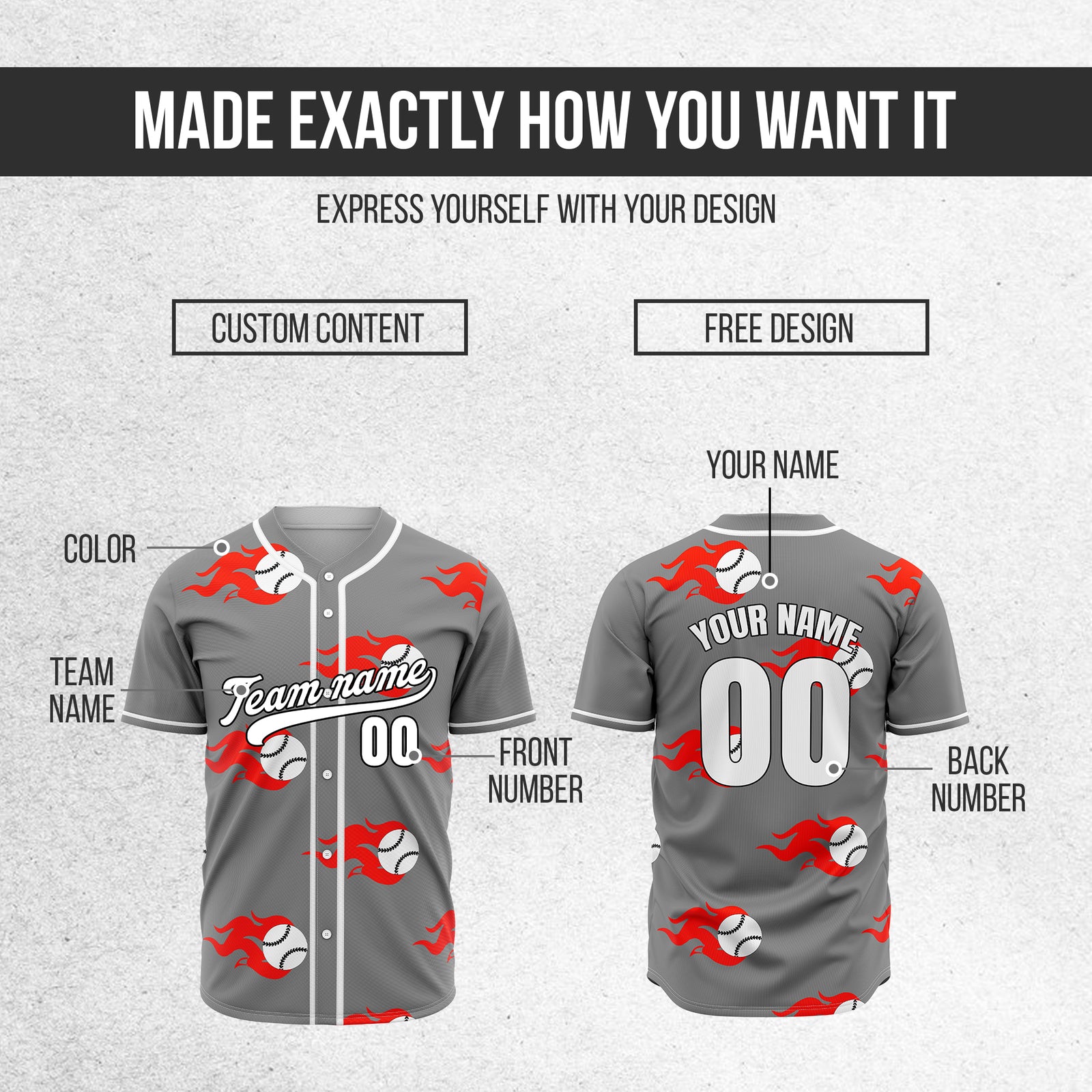 Custom Fireballers Grey Baseball Sports Jersey Personalized Uniform with Name & Number