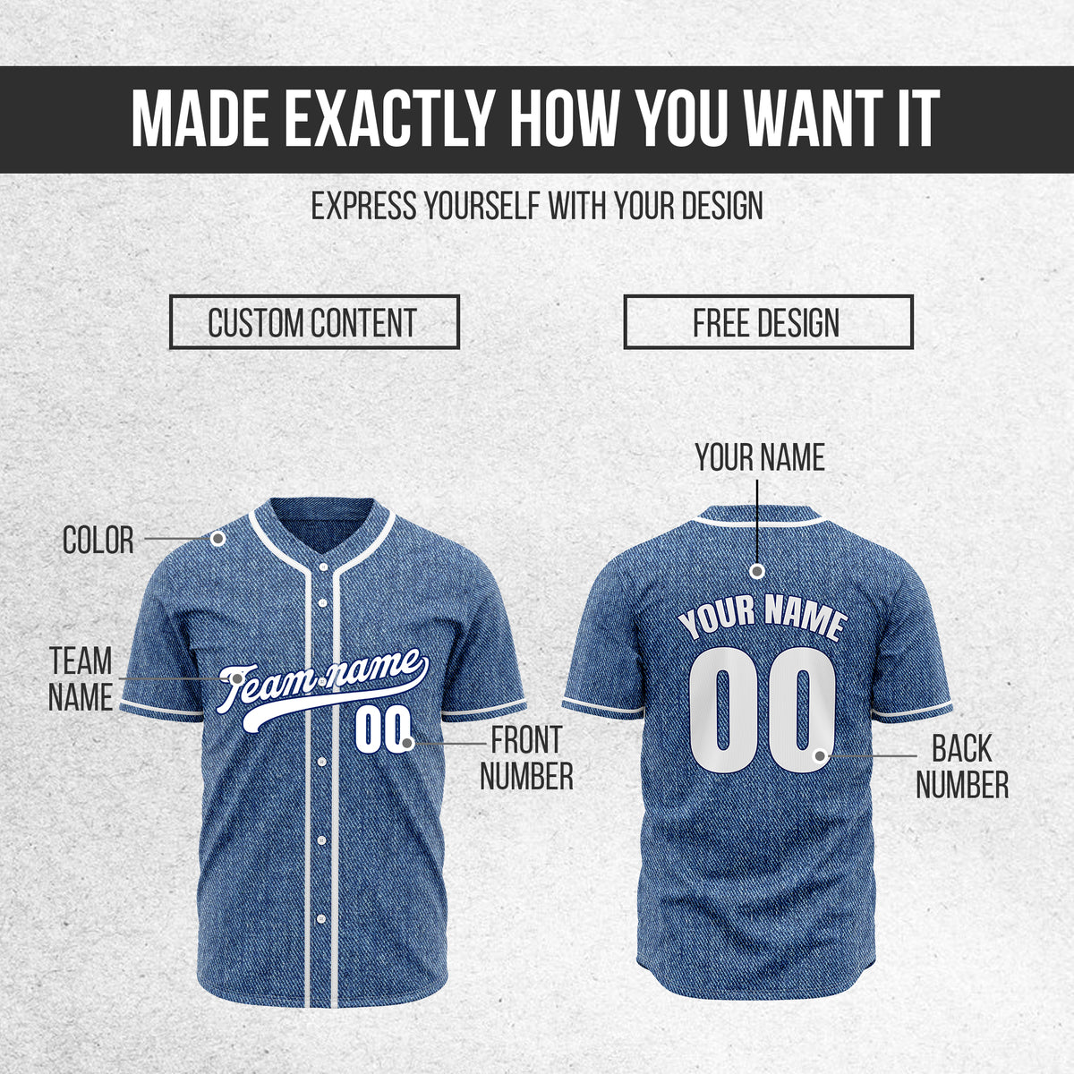 Custom Heritage Denim Baseball Sports Jersey Personalized Uniform with Name & Number