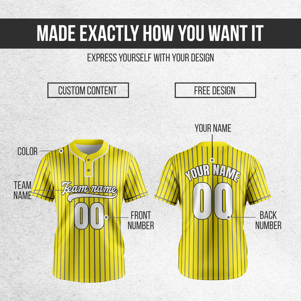 Custom Pinstripe Baseball Yellow Sports Jersey Personalized Uniform with Name & Number
