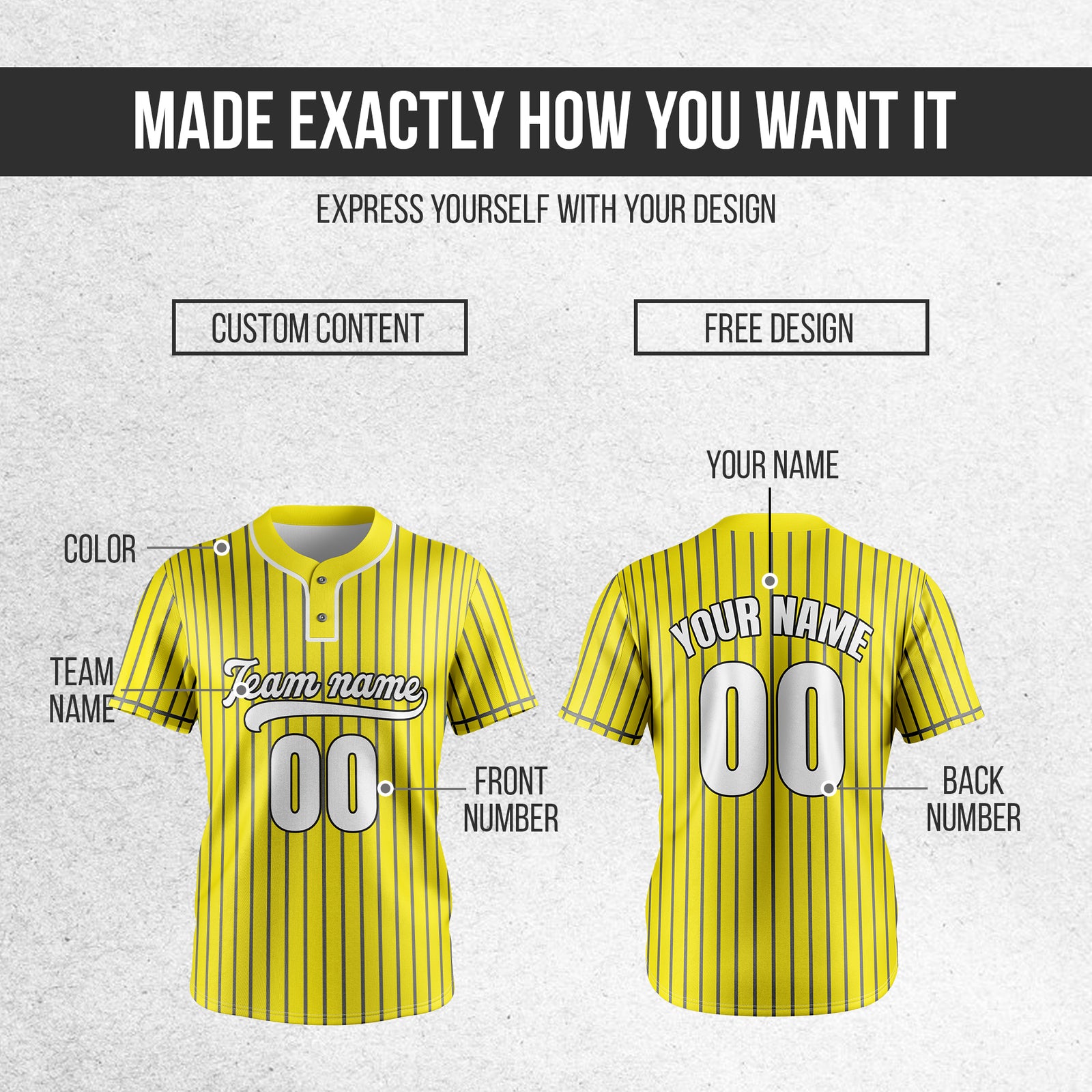 Custom Pinstripe Baseball Yellow Sports Jersey Personalized Uniform with Name & Number