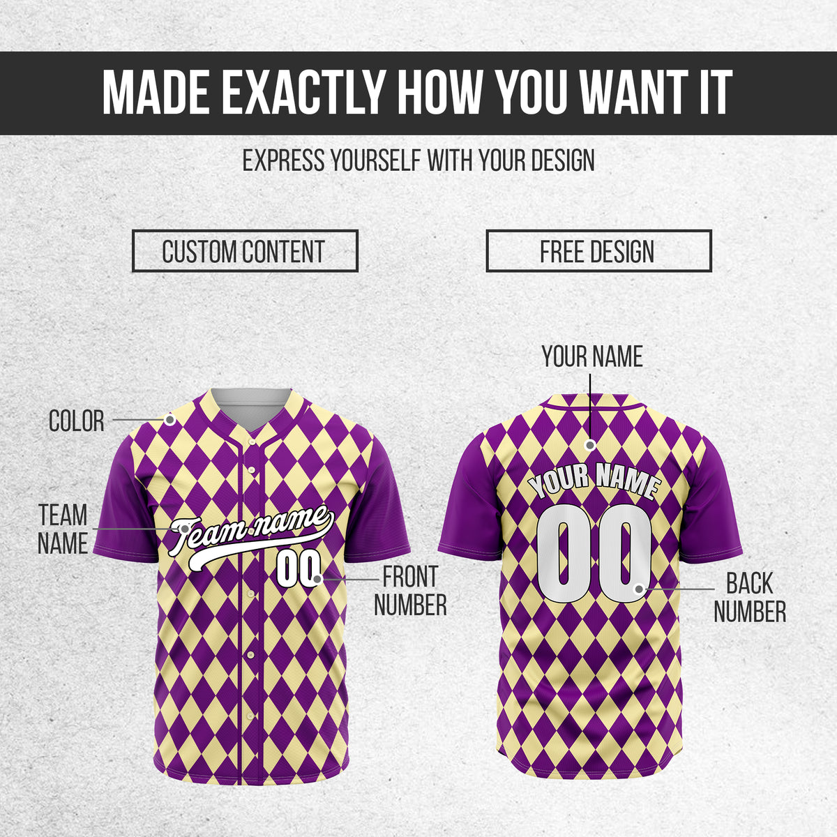 Custom Rhombus Baseball Purple Sports Jersey Personalized Uniform with Name & Number