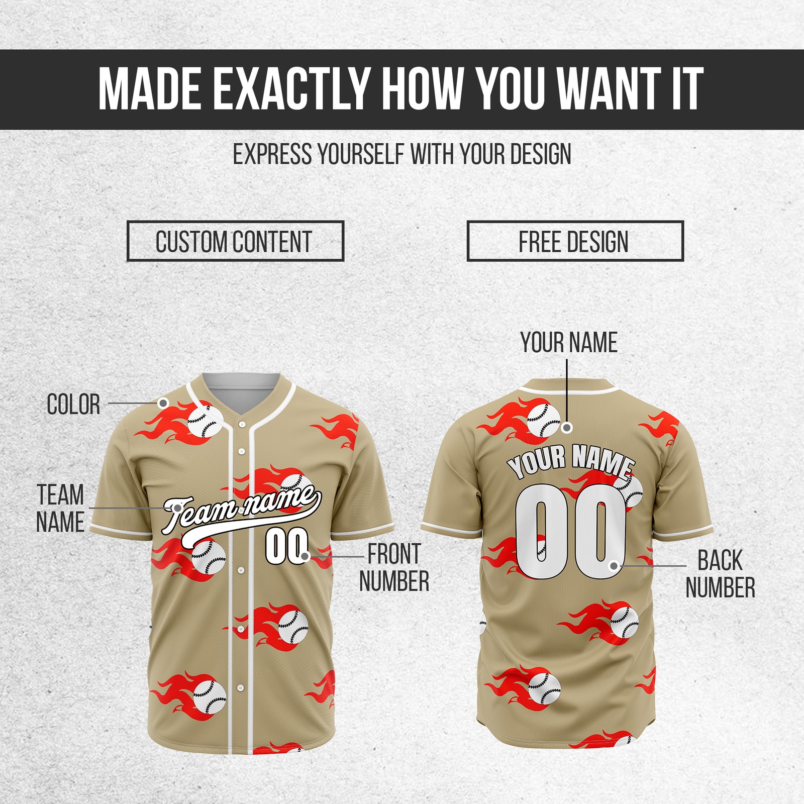 Custom Fireballers Khaki Baseball Sports Jersey Personalized Uniform with Name & Number
