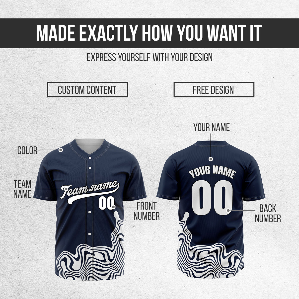 Custom Navy Baseball Wave Sports Jersey Personalized Uniform with Name & Number