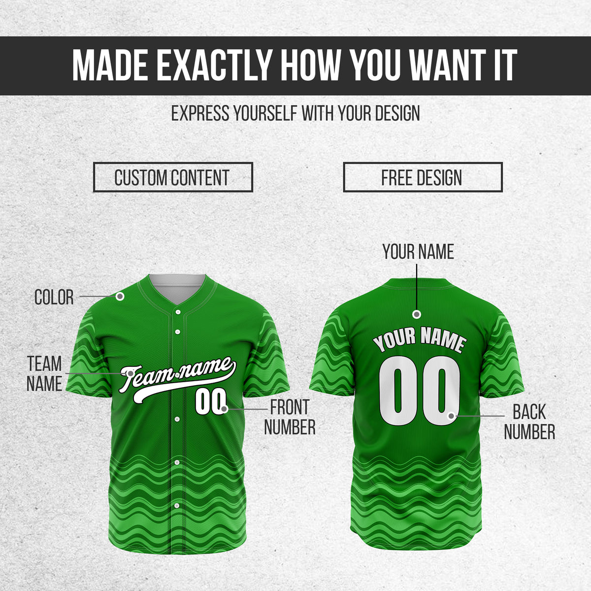 Custom Green Baseball Wave Sports Jersey Personalized Uniform with Name & Number