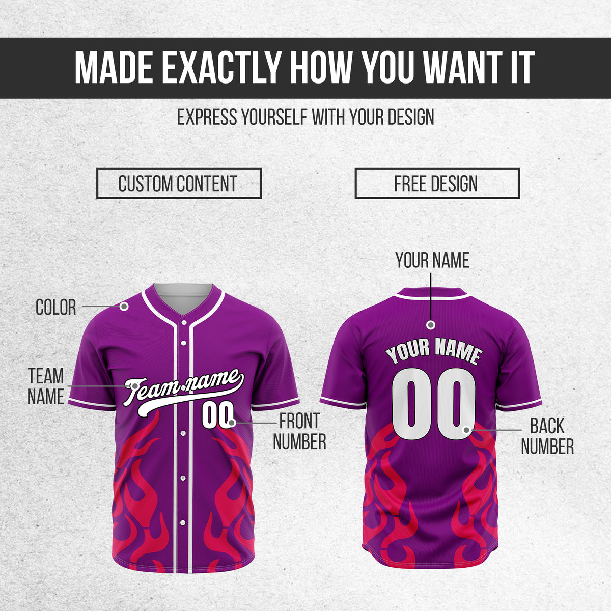 Custom Shadow Flames Purple Baseball Sports Jersey Personalized Uniform with Name & Number