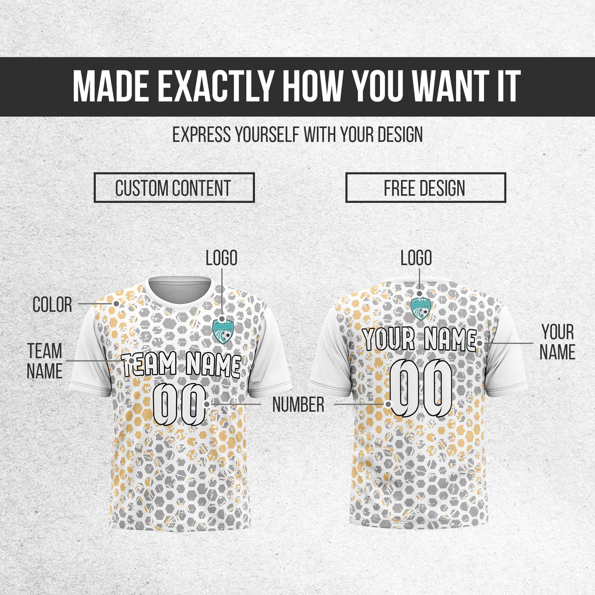 Custom Soccer White Round Neck Hex Pattern Sports Tops Jersey