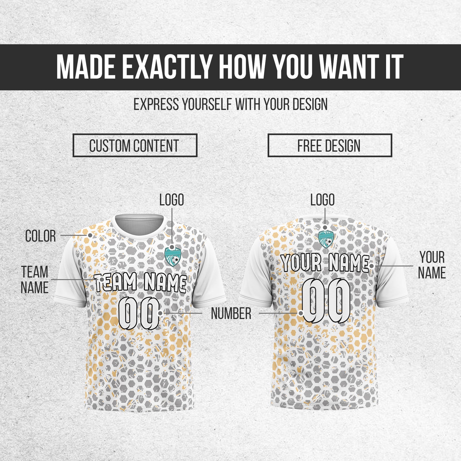 Custom Soccer White Round Neck Hex Pattern Sports Tops Jersey