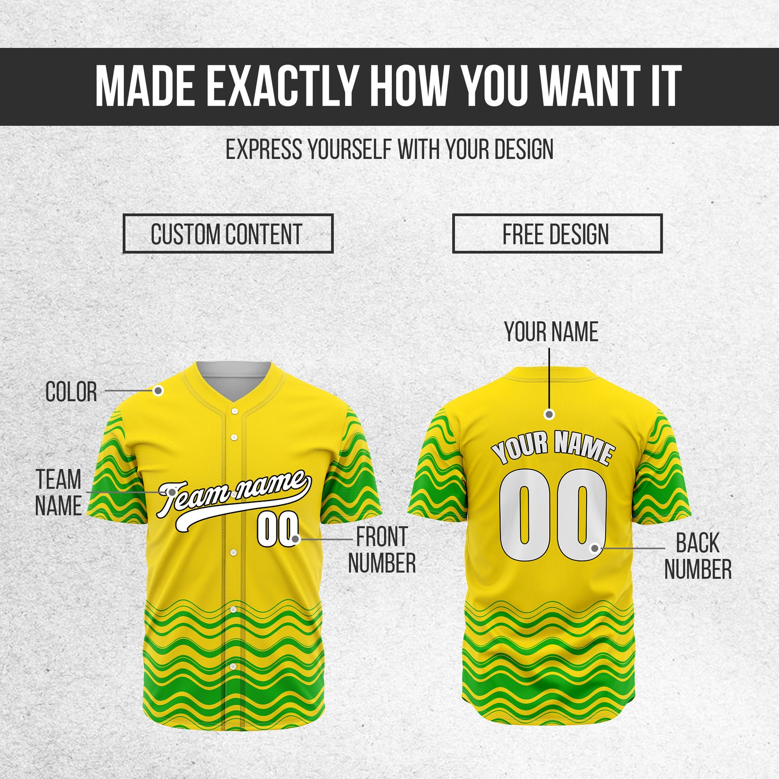 Custom Yellow Baseball Wave Sports Jersey Personalized Uniform with Name & Number
