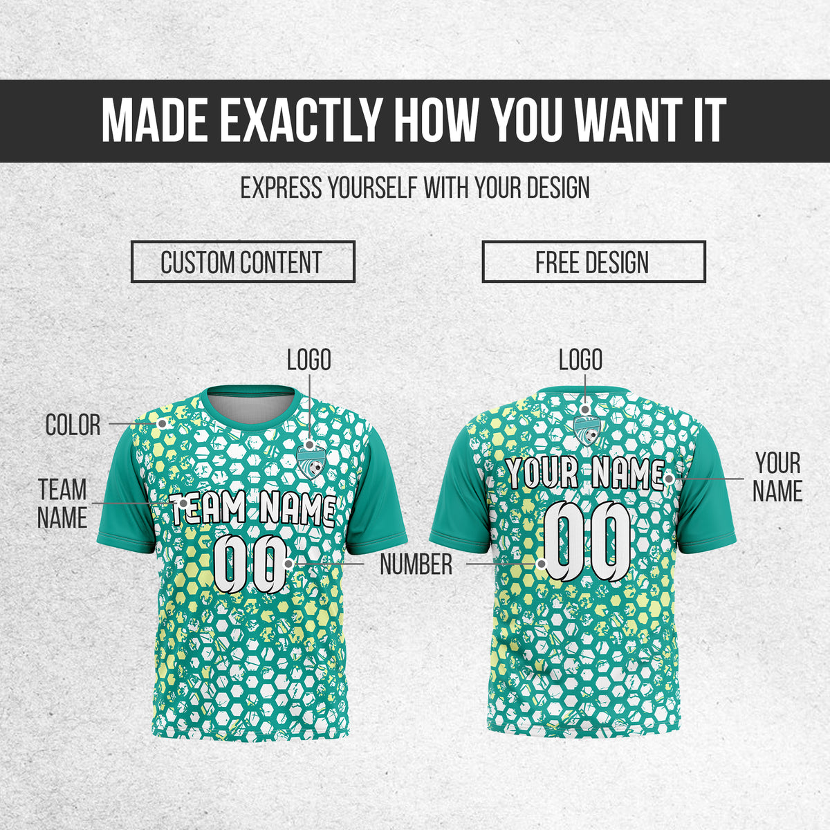Custom Soccer Teal Round Neck Hex Pattern Sports Tops Jersey