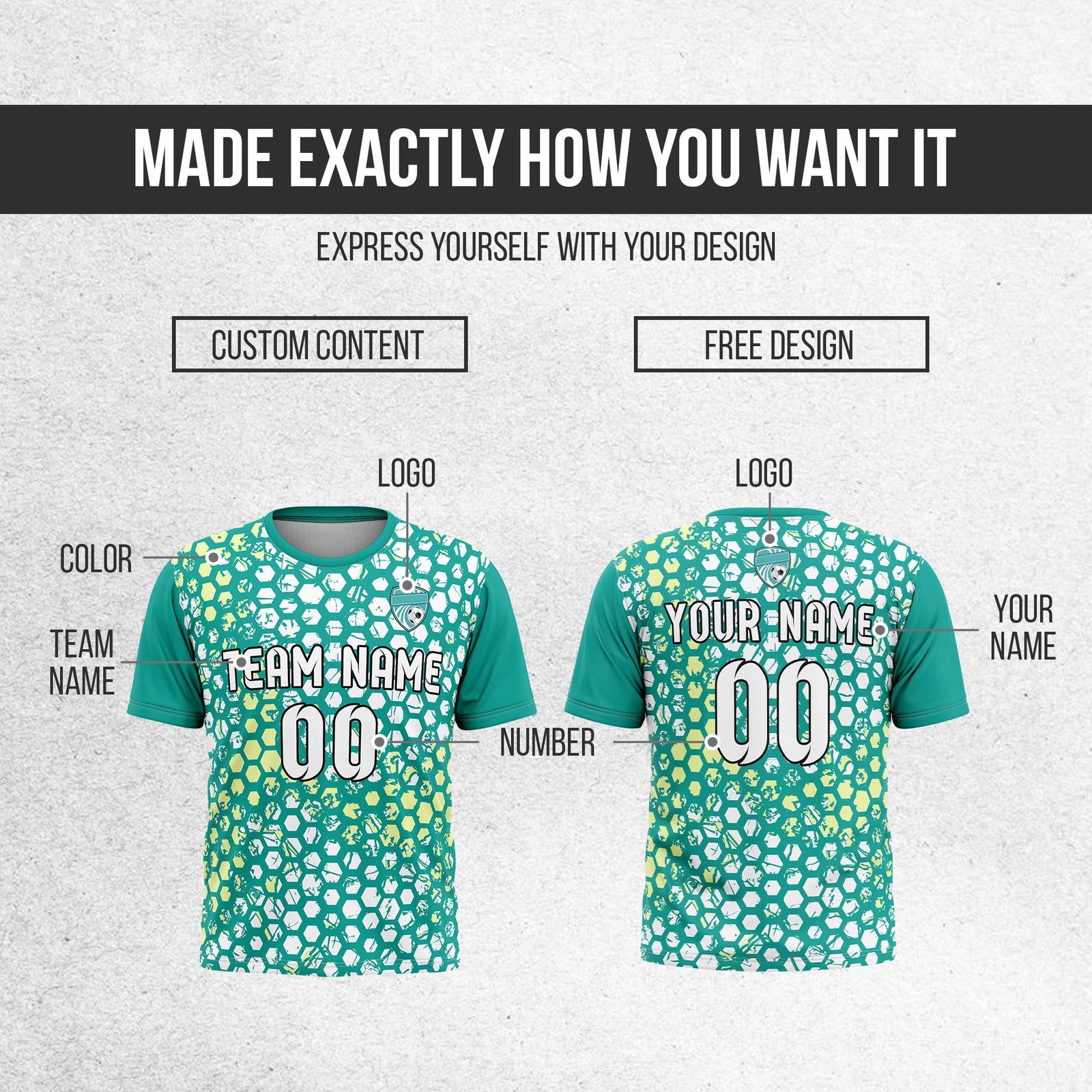 Custom Soccer Teal Round Neck Hex Pattern Sports Tops Jersey
