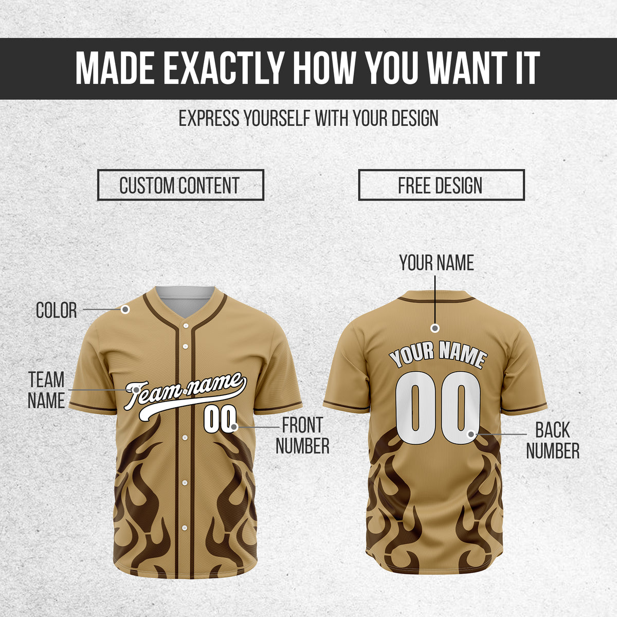 Custom Shadow Flames Khaki Baseball Sports Jersey Personalized Uniform with Name & Number
