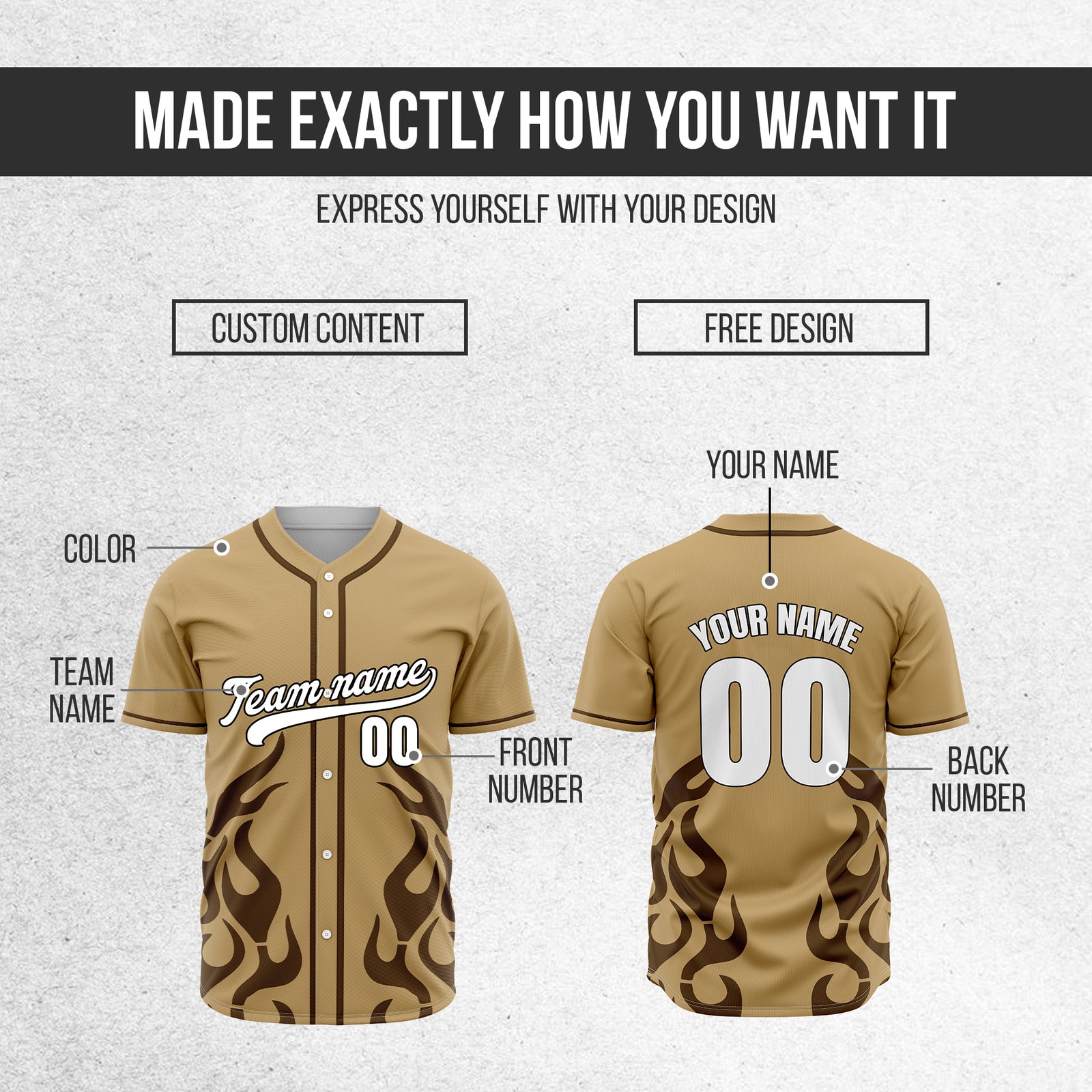 Custom Shadow Flames Khaki Baseball Sports Jersey Personalized Uniform with Name & Number