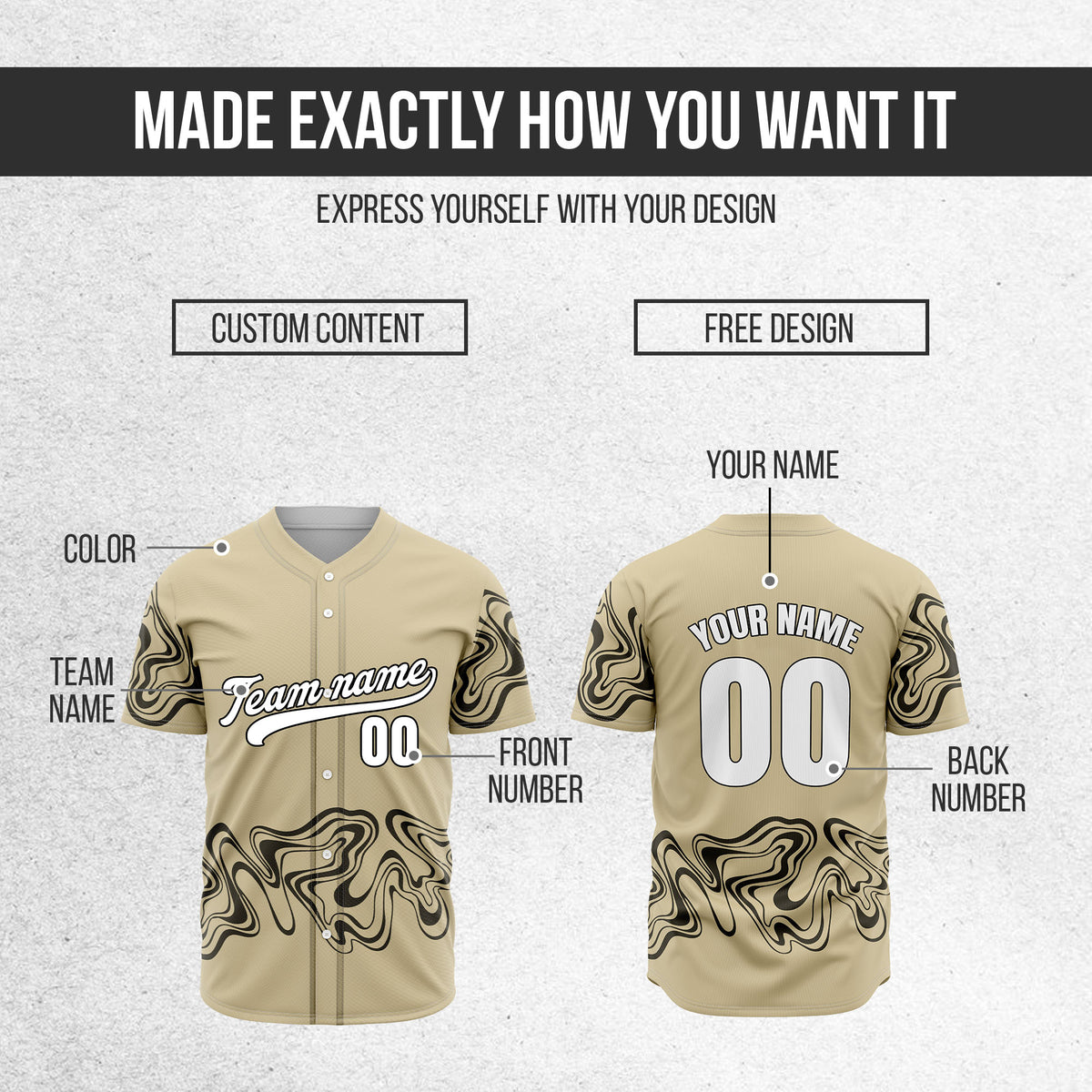 Custom Khaki Baseball Wave Sports Jersey Personalized Uniform with Name & Number