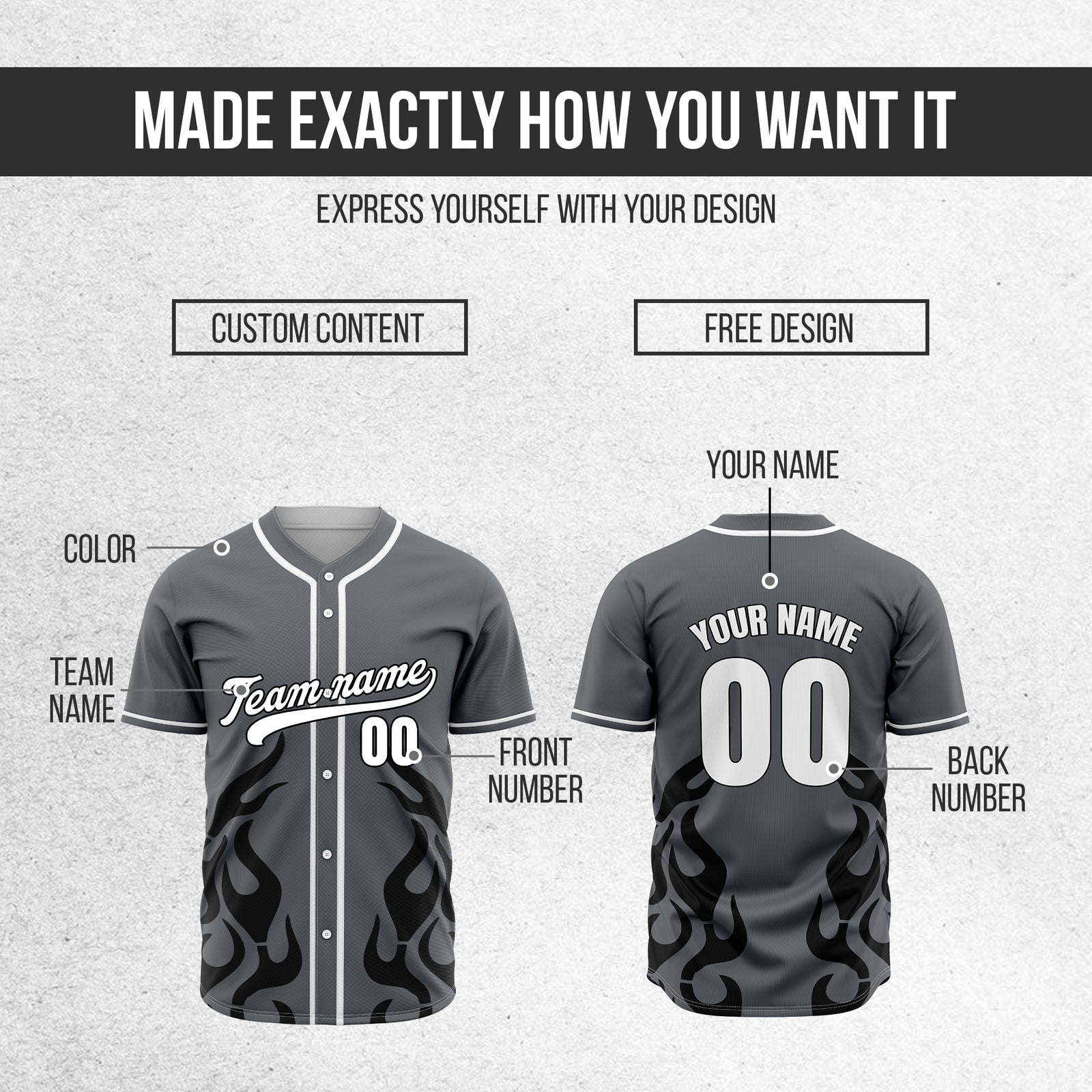 Custom Shadow Flames Dark Grey Baseball Sports Jersey Personalized Uniform with Name & Number