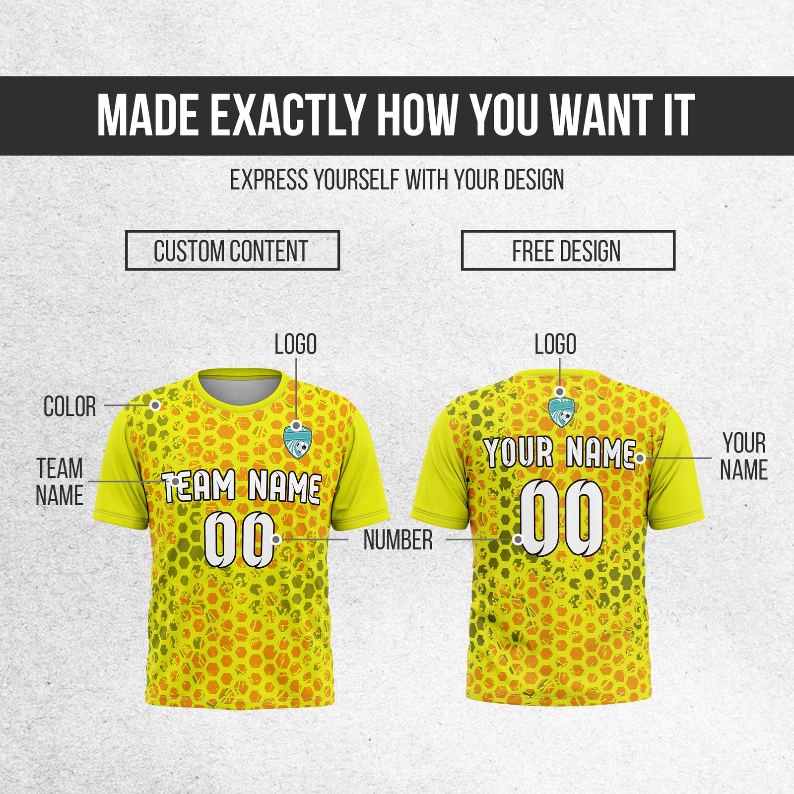 Custom Soccer Yellow Round Neck Hex Pattern Sports Tops Jersey
