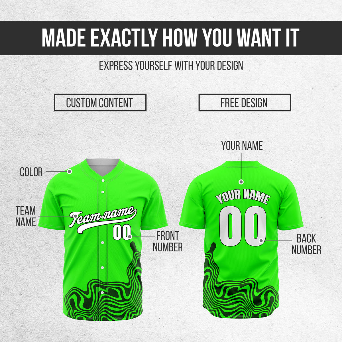 Custom Neon Green Baseball Wave Sports Jersey Personalized Uniform with Name & Number