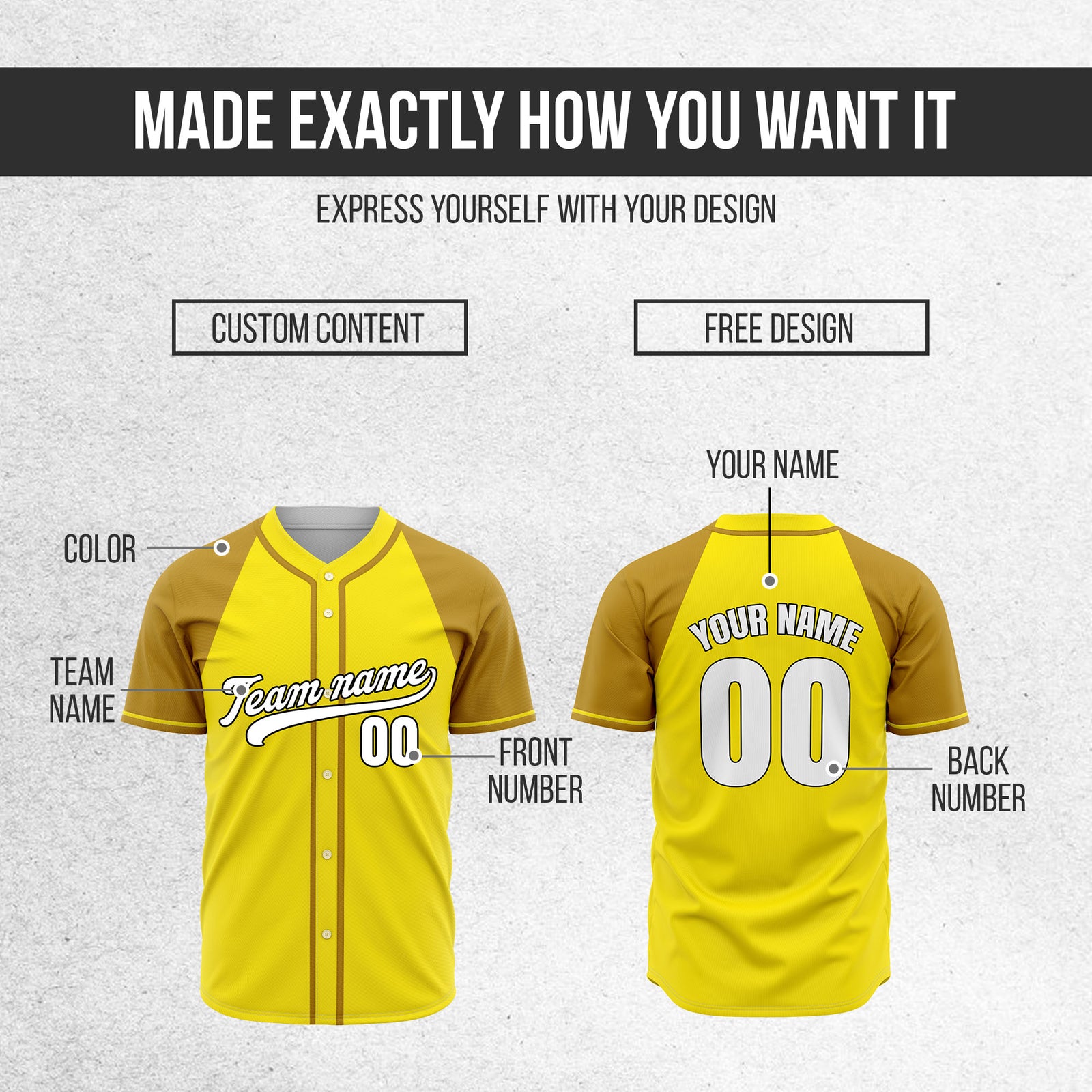 Custom Desert Blaze Yellow Raglan Style Baseball Sports Jersey Personalized Uniform with Name & Number