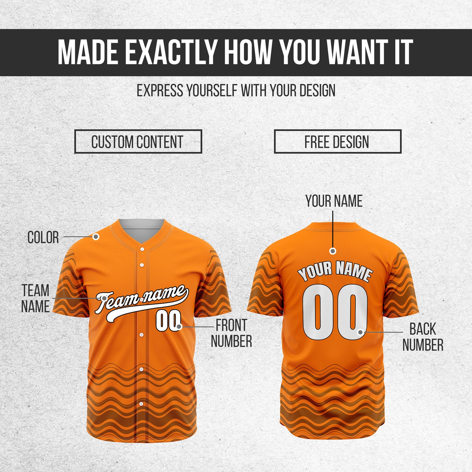 Custom Orange Baseball Wave Sports Jersey Personalized Uniform with Name & Number