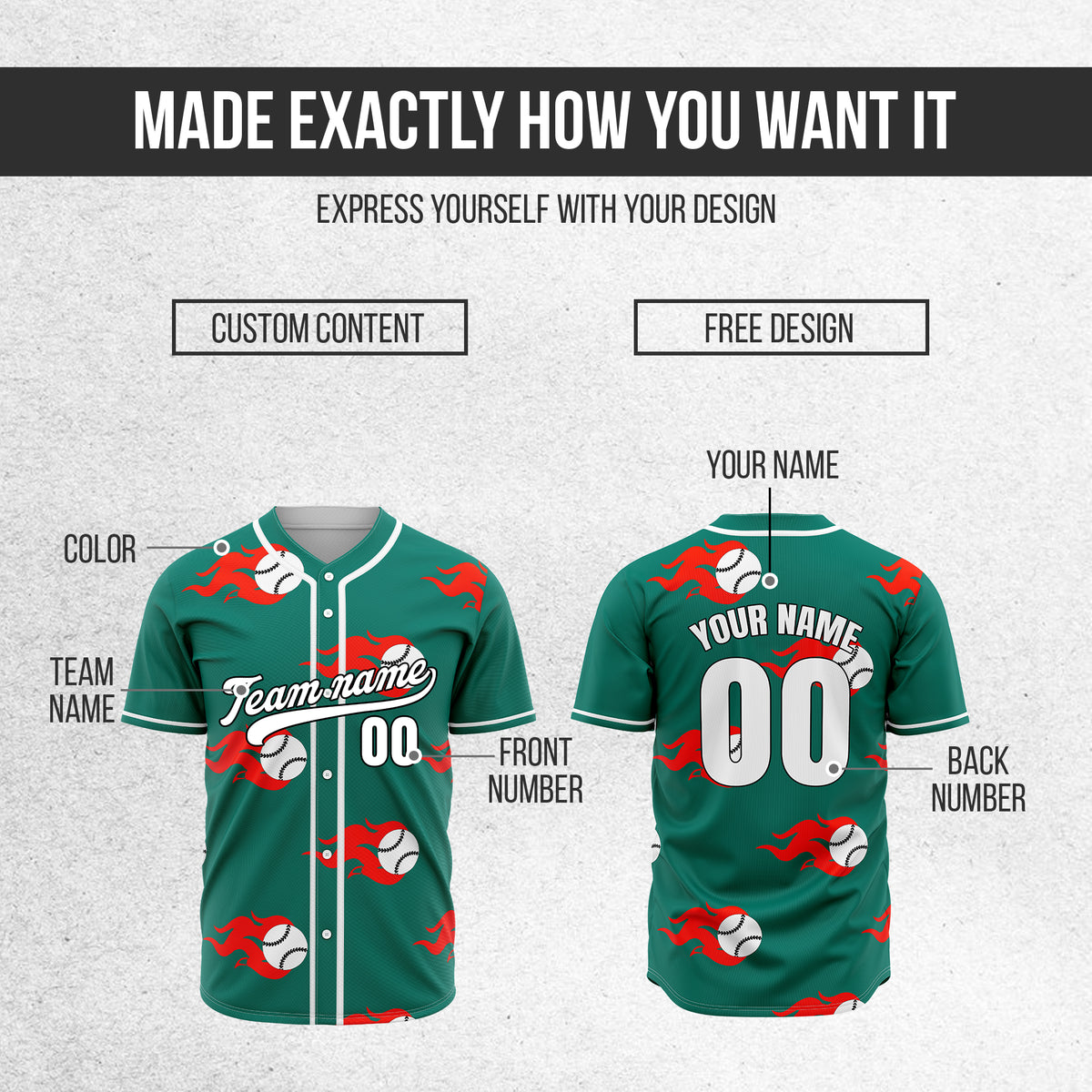 Custom Fireballers Teal Baseball Sports Jersey Personalized Uniform with Name & Number