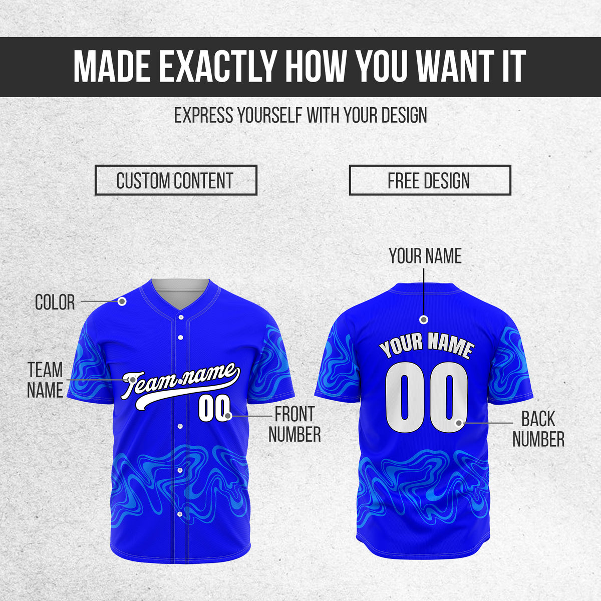 Custom Blue Baseball Wave Sports Jersey Personalized Uniform with Name & Number